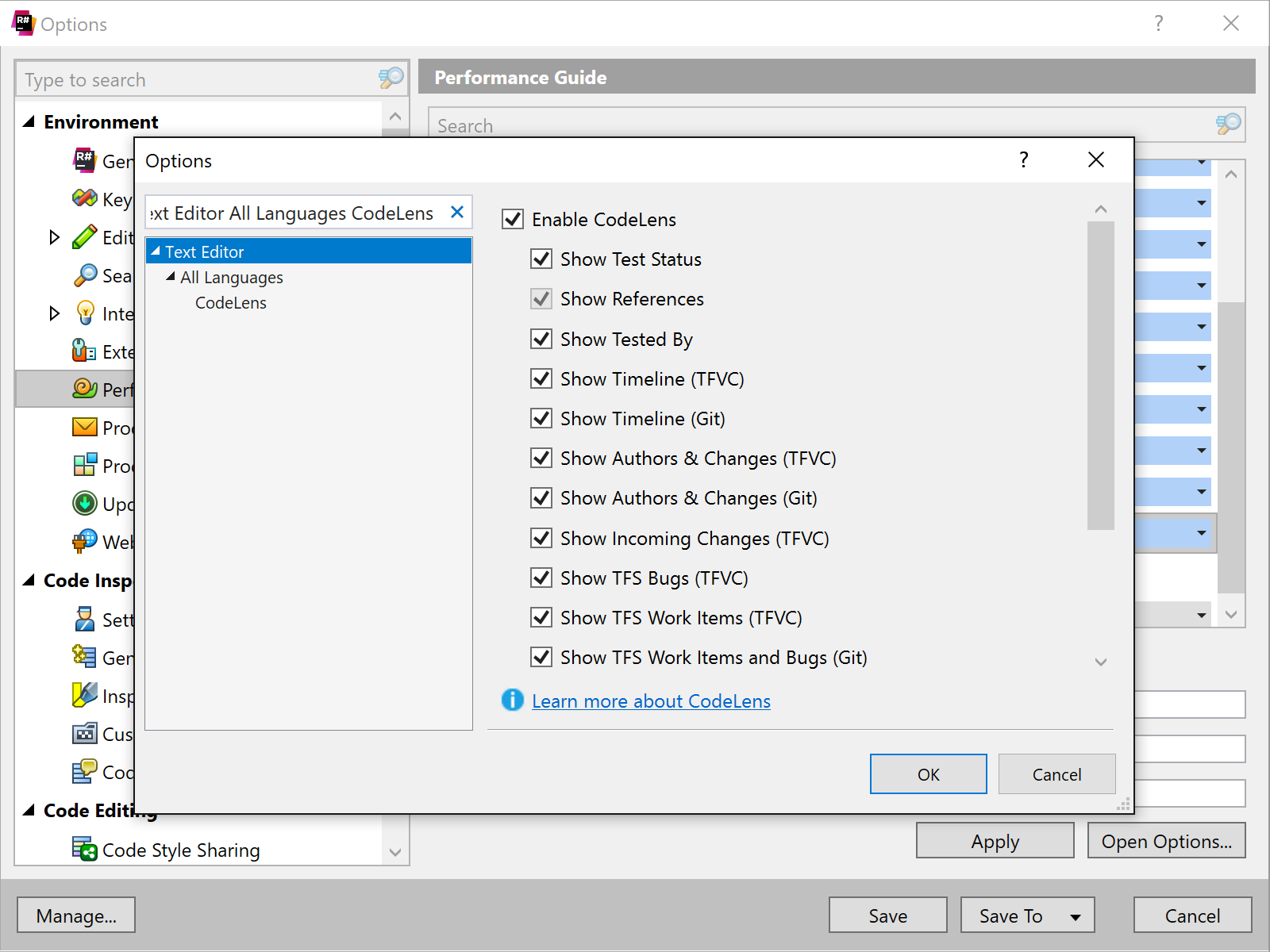 Enable or disable CodeLens in Visual Studio settings