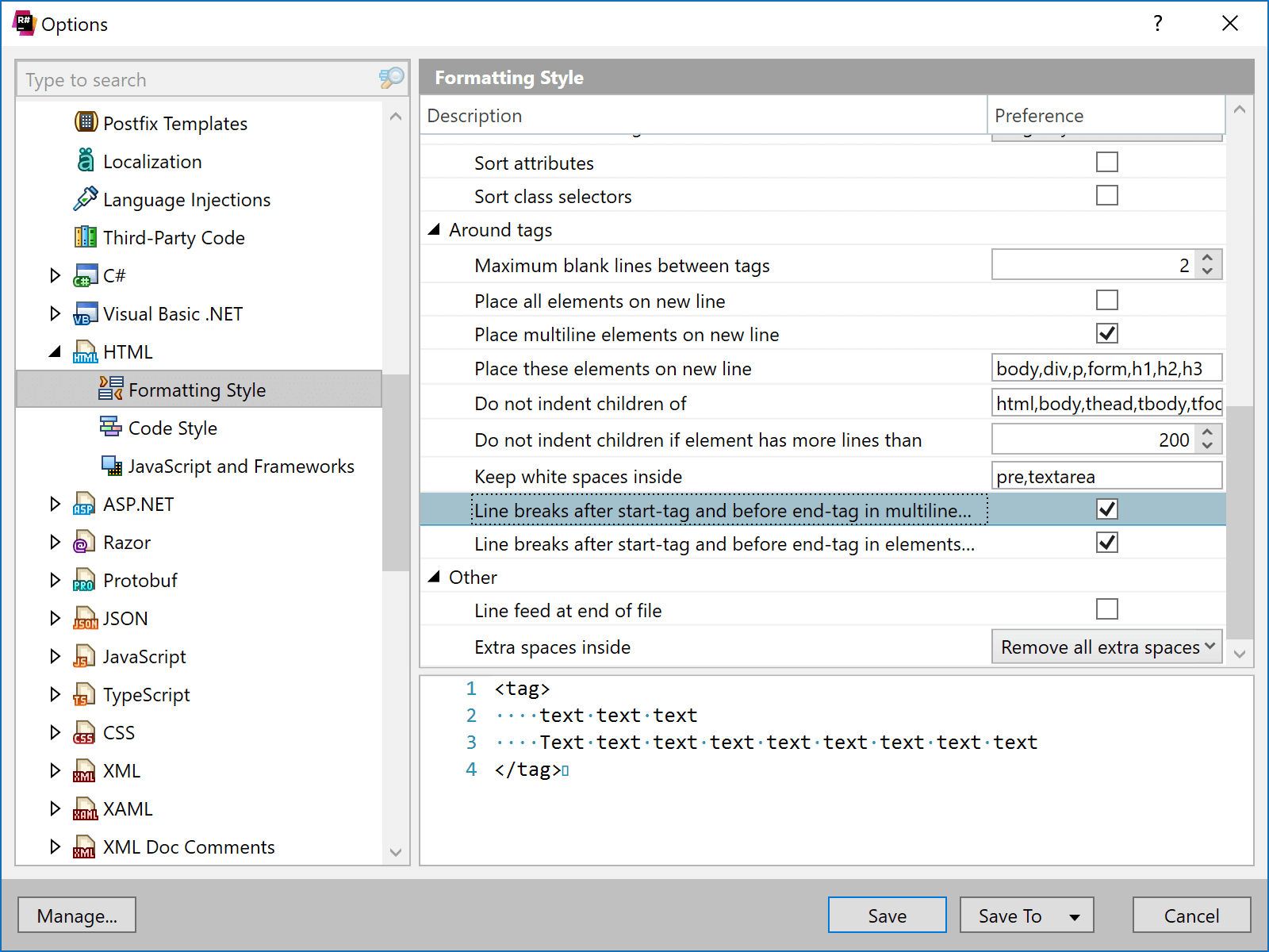 Configure HTML linebreaks for multiline elements