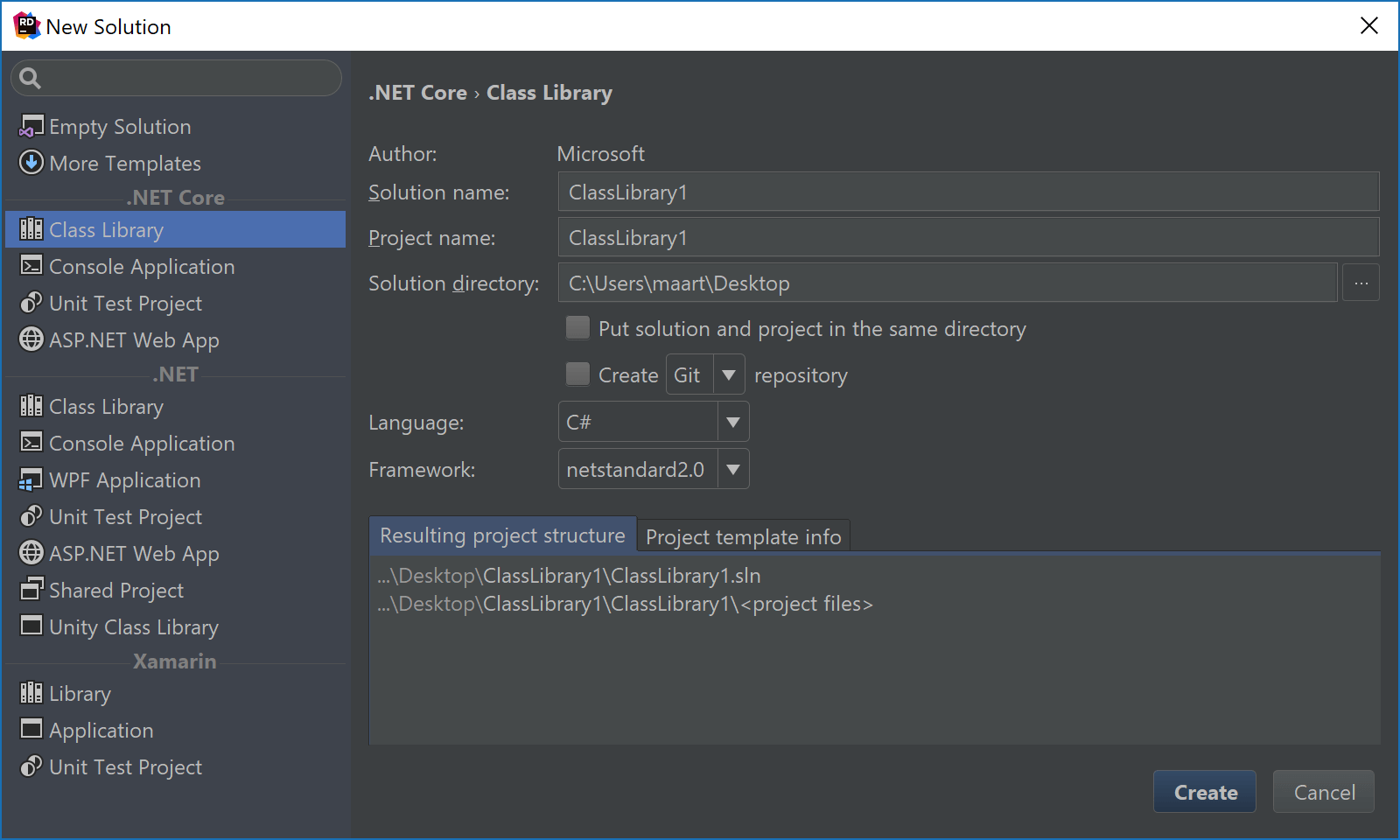 New project templates in Rider