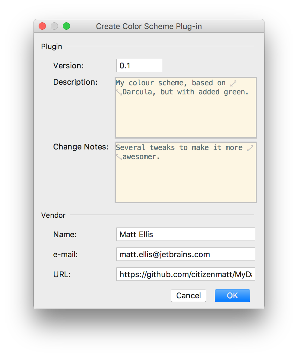 Enter plugin metadata dialog