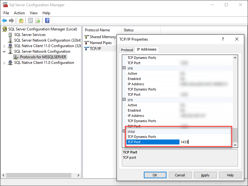 SQL Server Configuration Manage TCP Ports Set