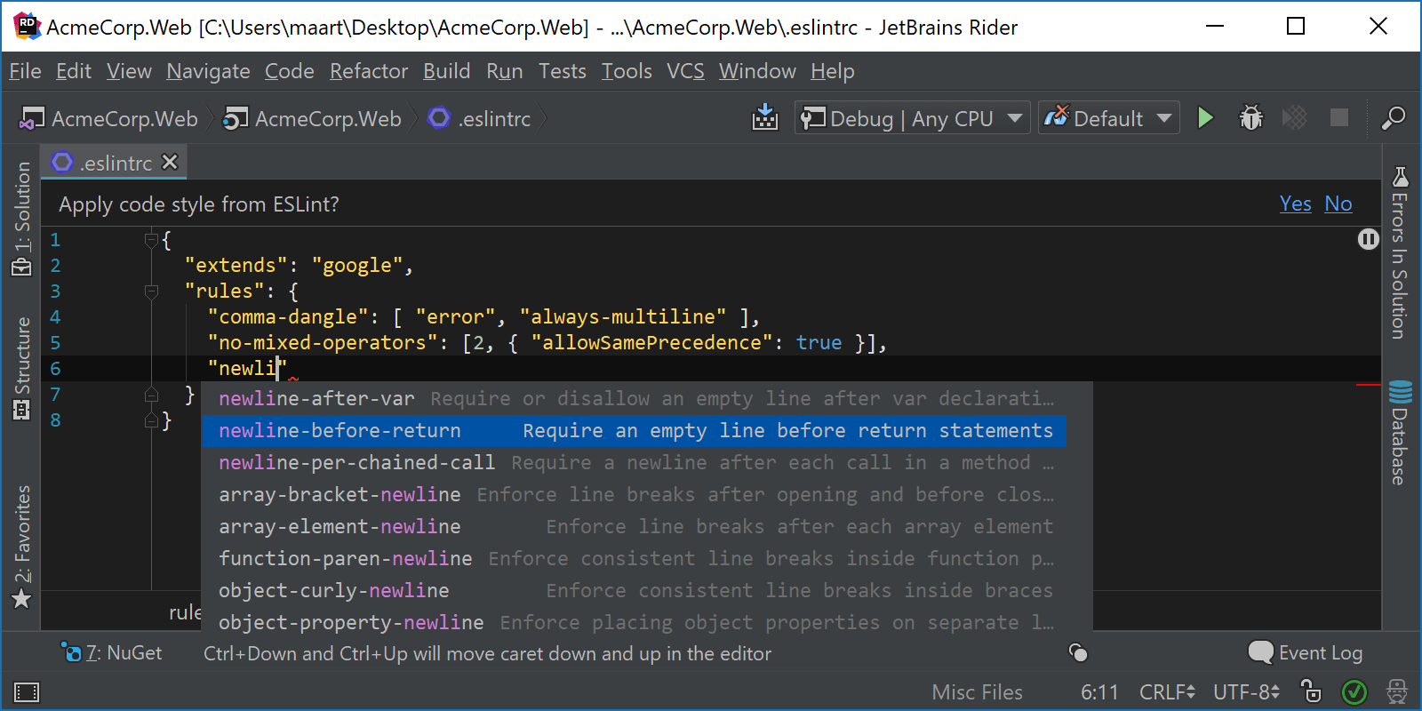 ESLint code completion in Rider