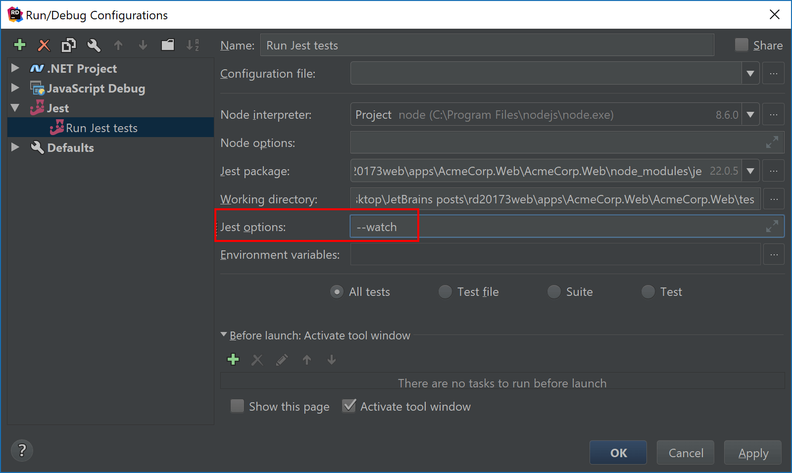 Jest watch configuration - Continuous JavaScript testing