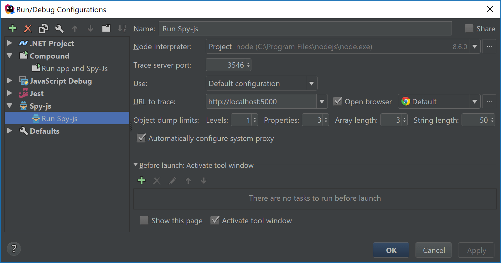 Spy-js Run/Debug configuration