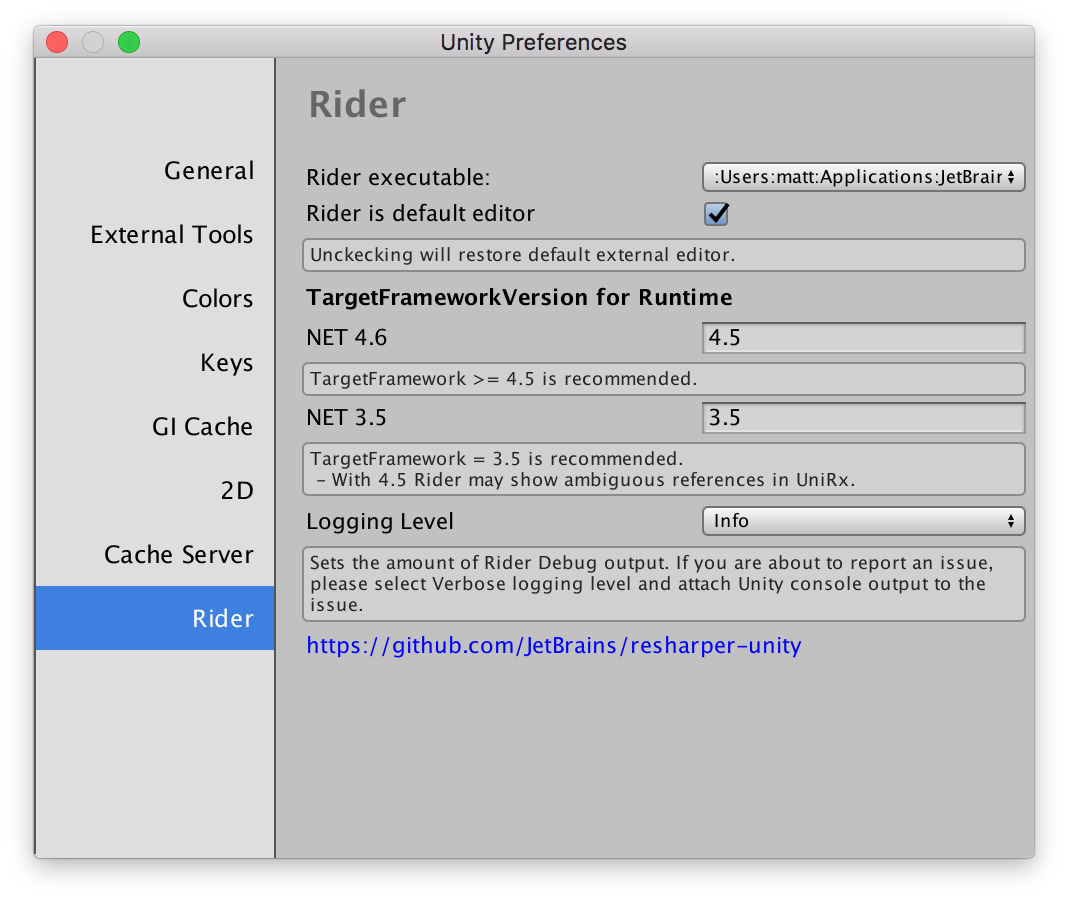 Rider page in Unity preferences