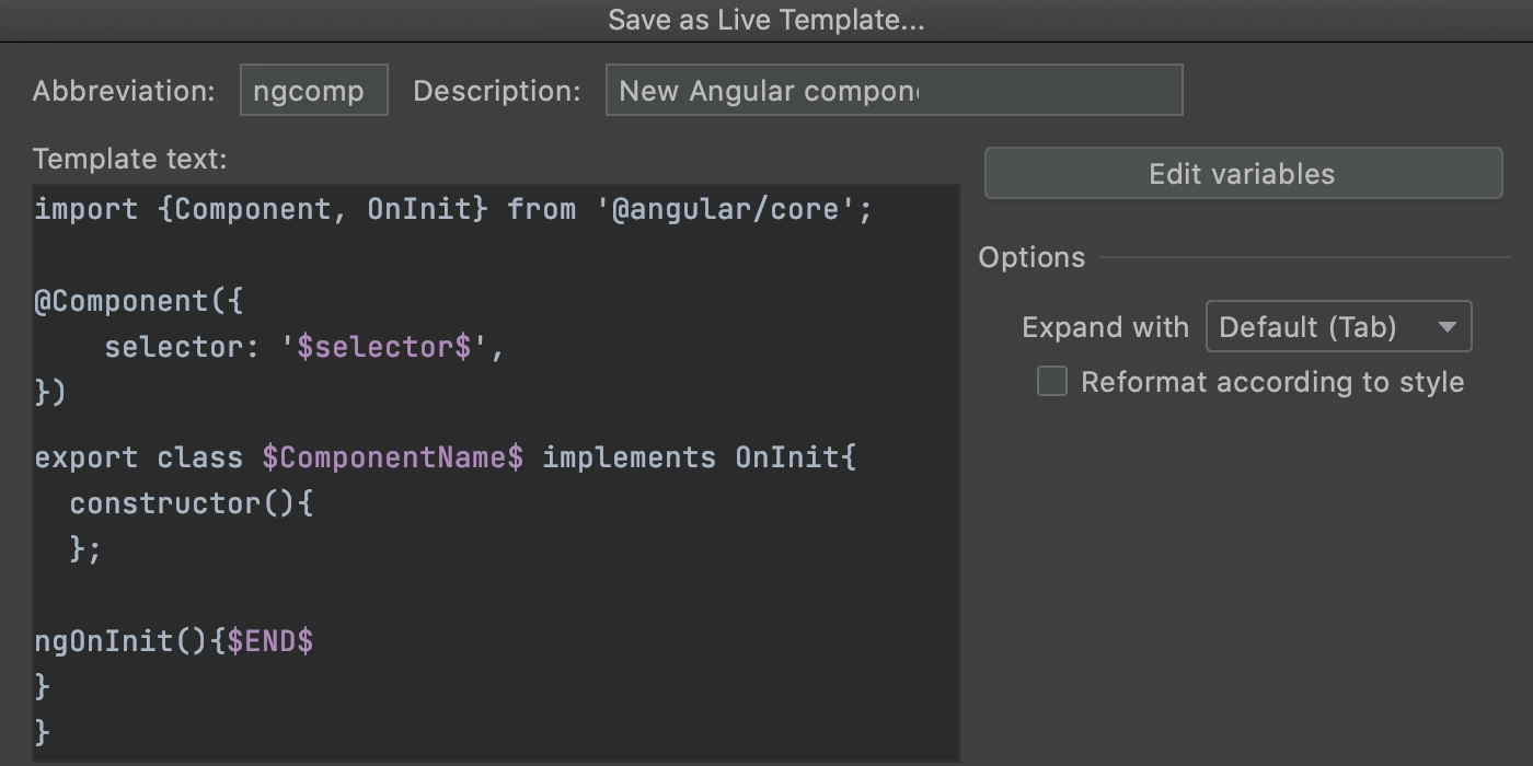 Save code fragment as live template: variables added