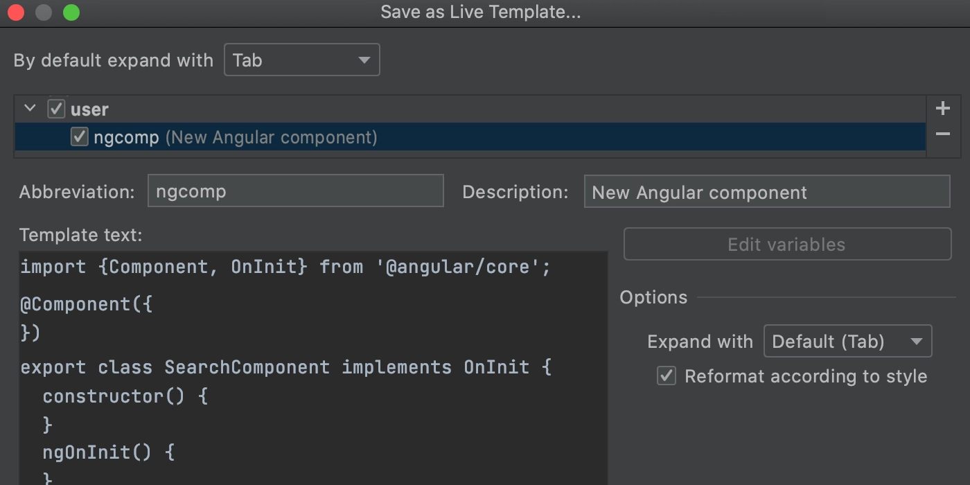 Save code fragment as live template: description and abbreviation added