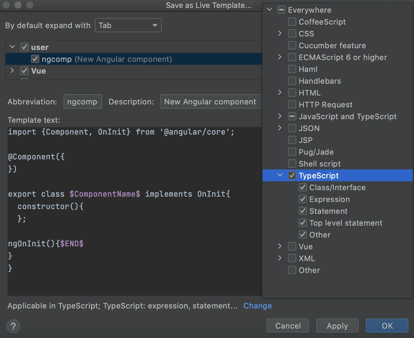 customize template .js webstorm