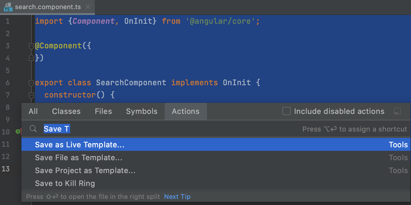 Select a code fragment to save as a live template