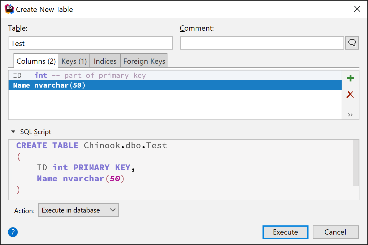 Create New Table dialog