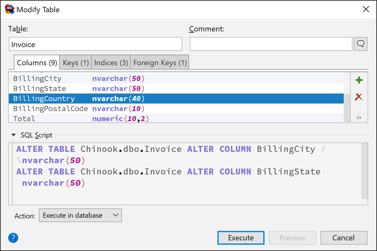 Modify Table dialog