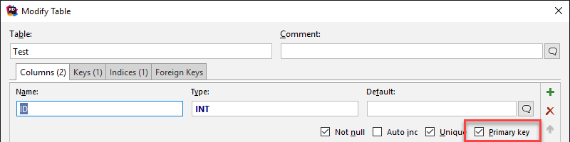 Checking the Primary key checkbox