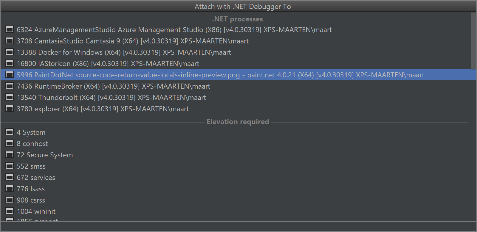 Display process username in Rider attach to process