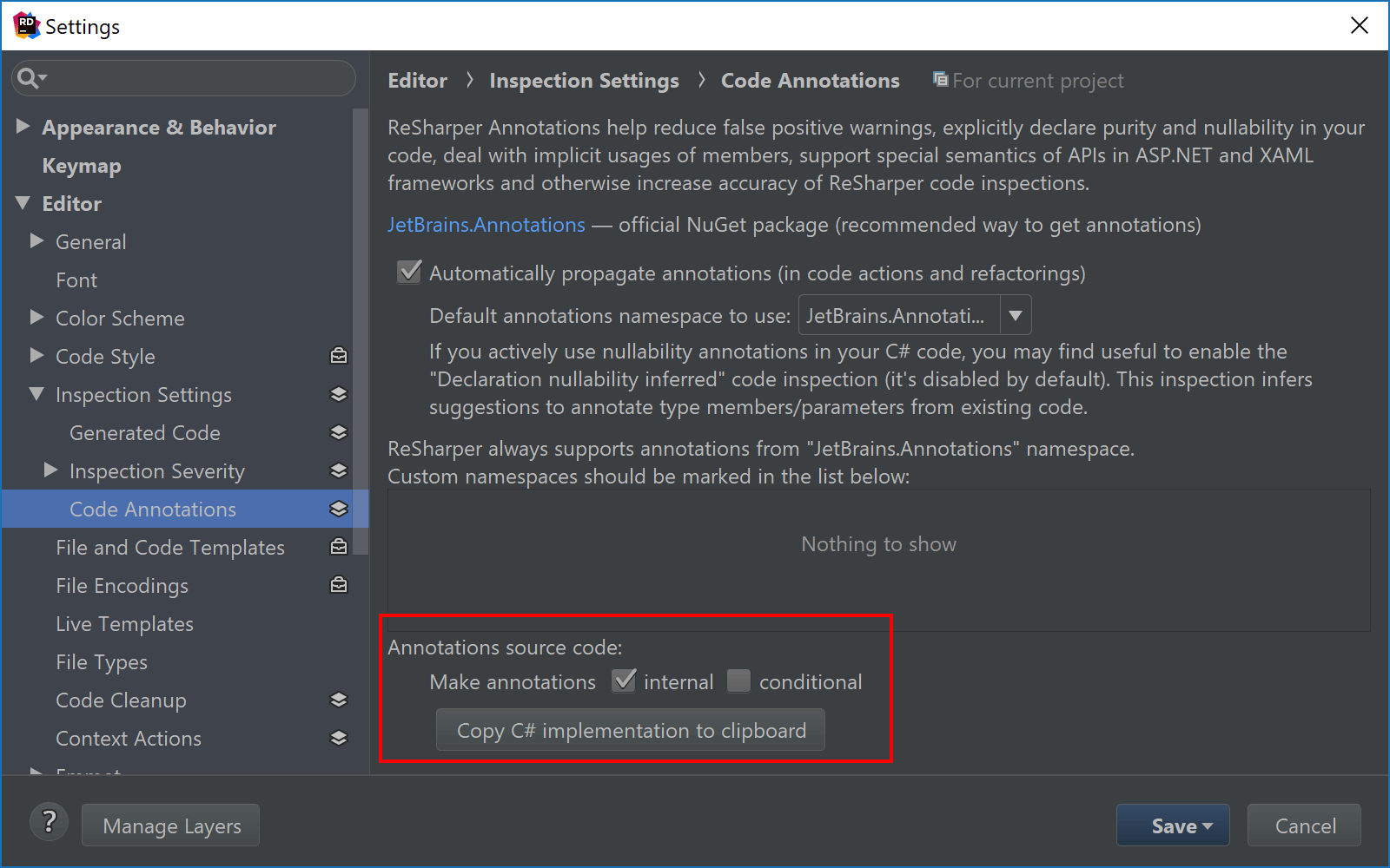 Adding JetBrains Annotations source code in Rider