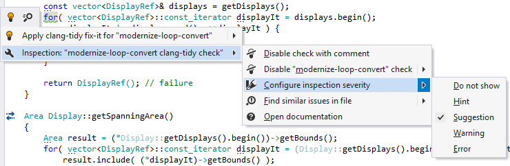 clang-tidy inspeciton menu