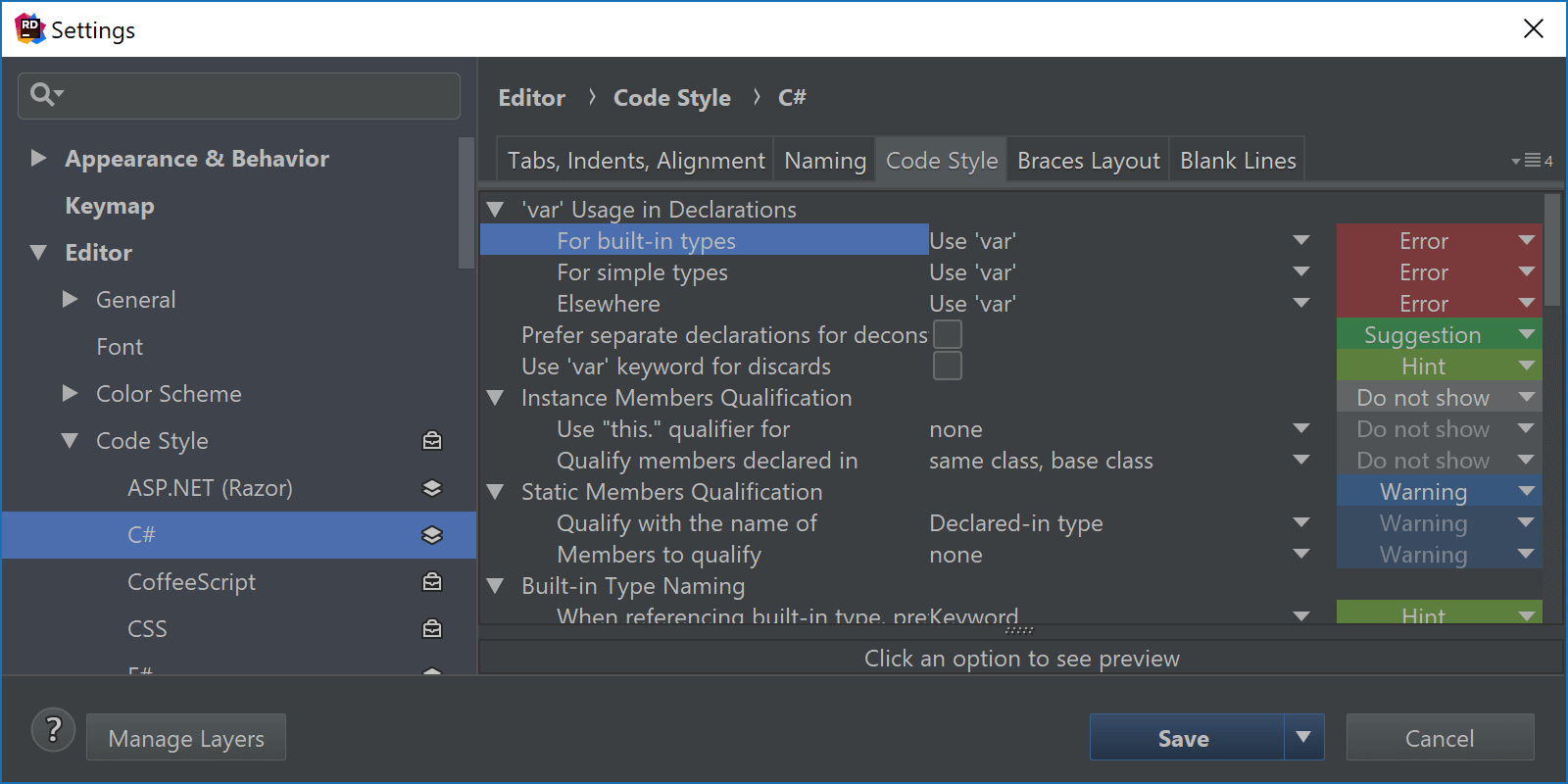Configure CSharp code style to always use var