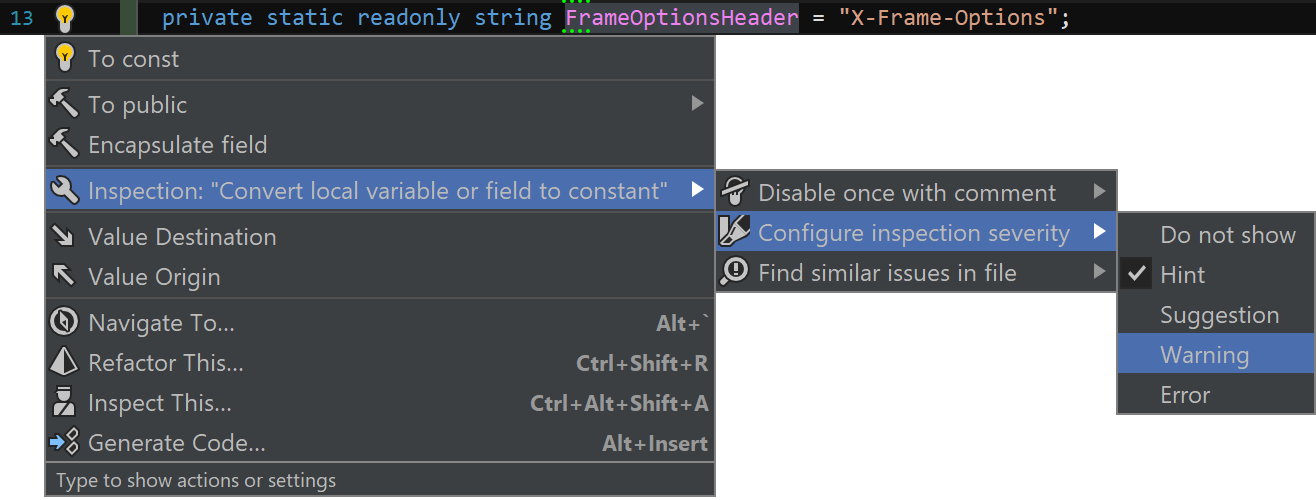 Configure inspection severity in editor