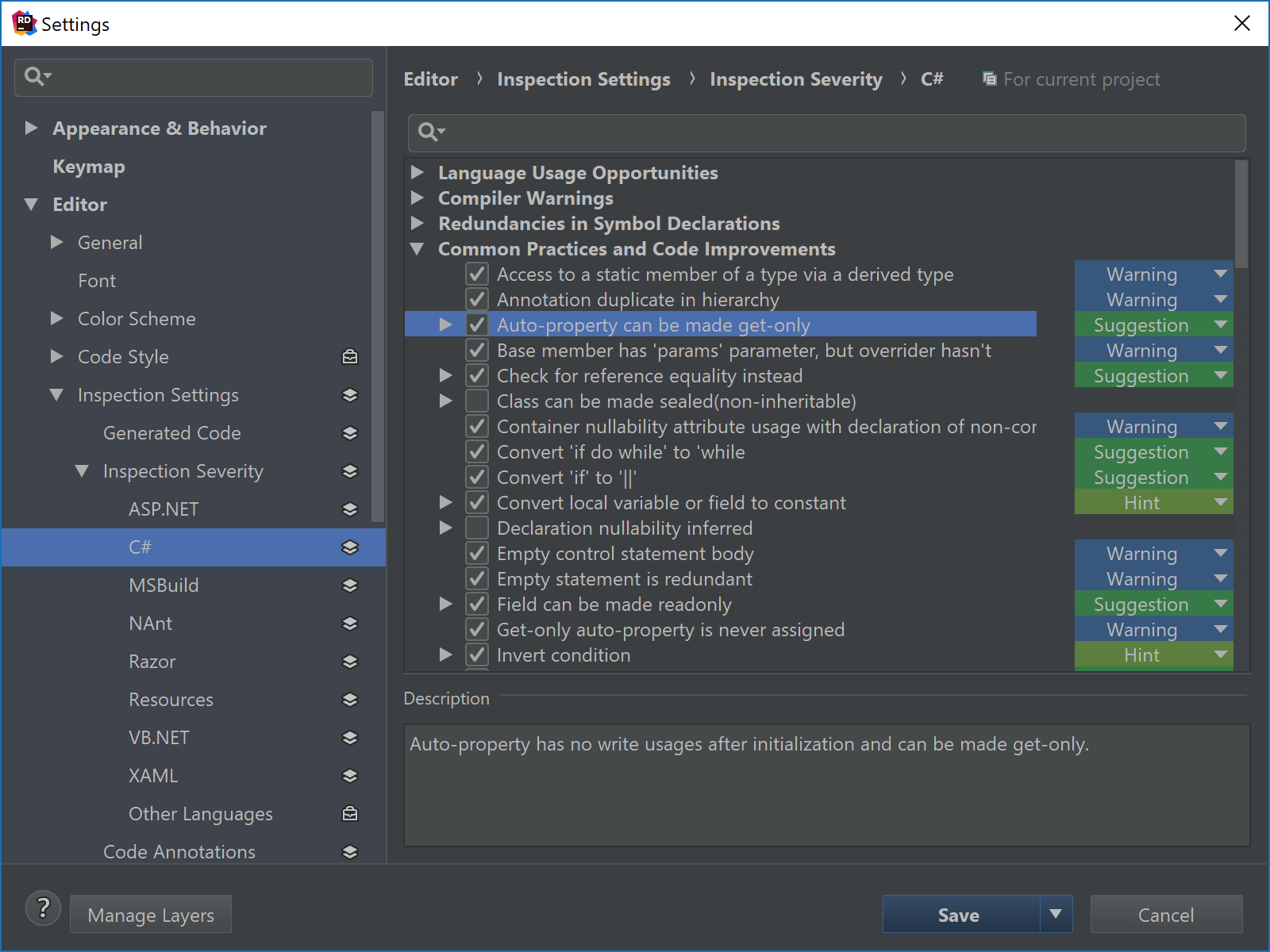 Inspection severity settings