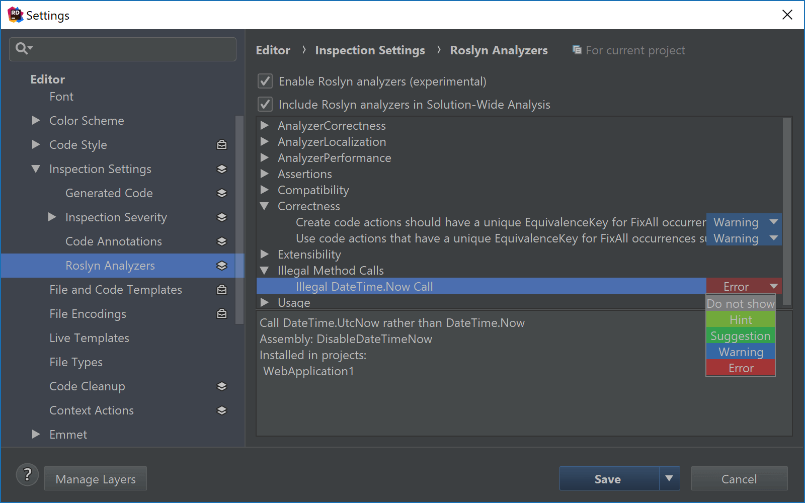 Configuring analyzer severity in the IDE settings.