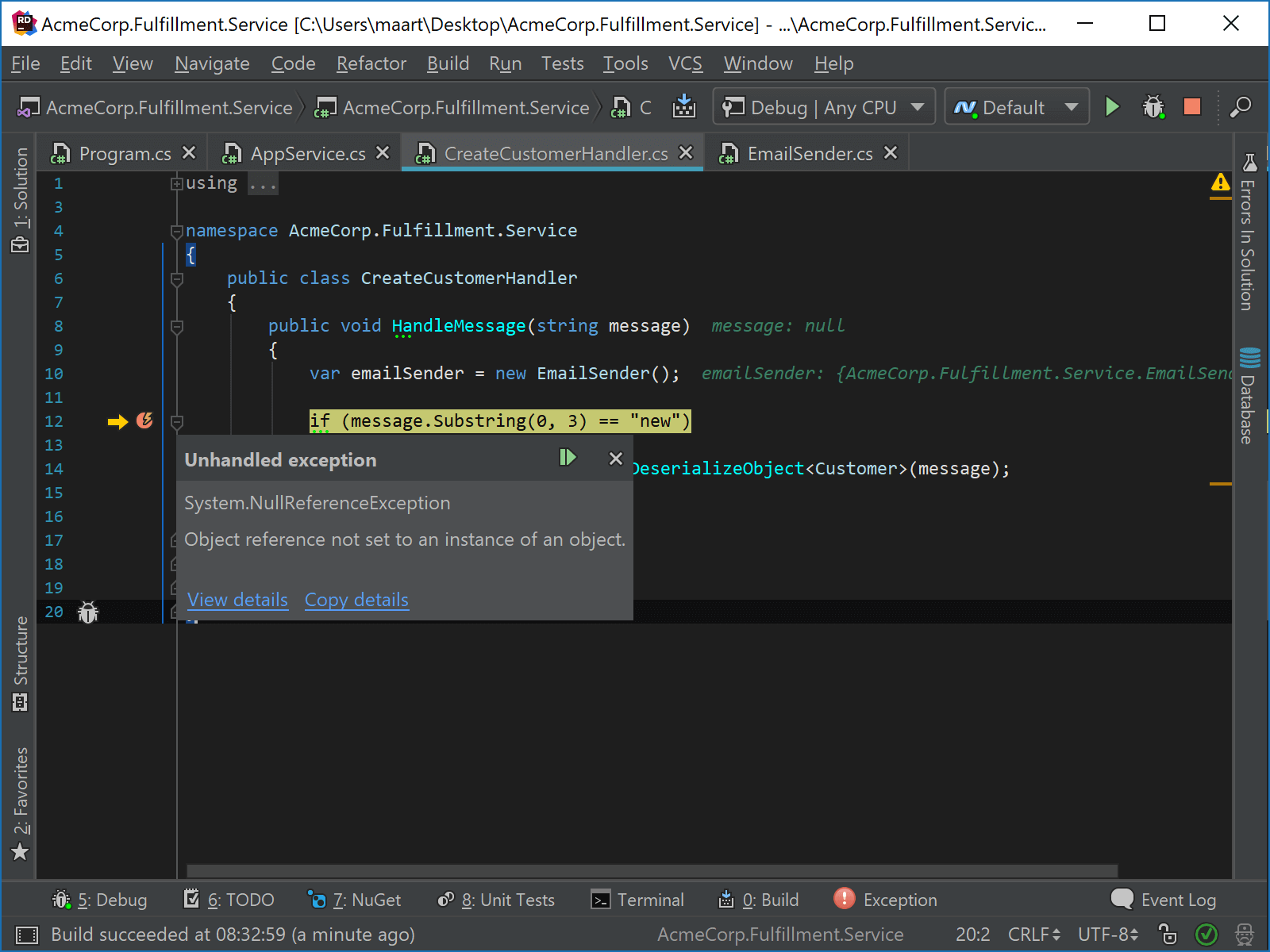 Explore Exception details with Rider's Exception popup