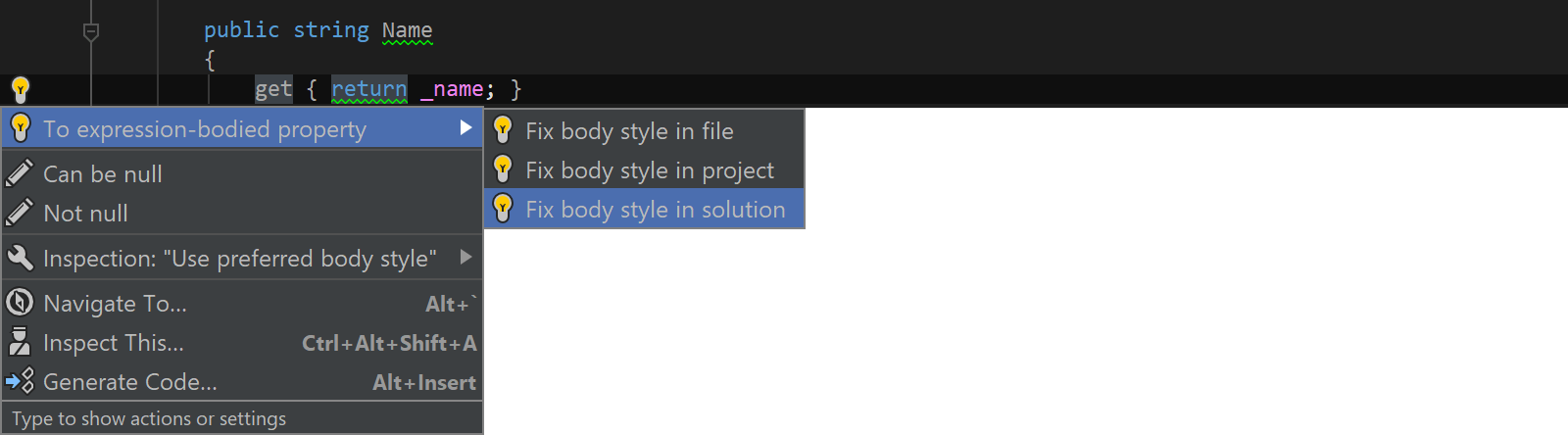 Fix expression-body code style in solution