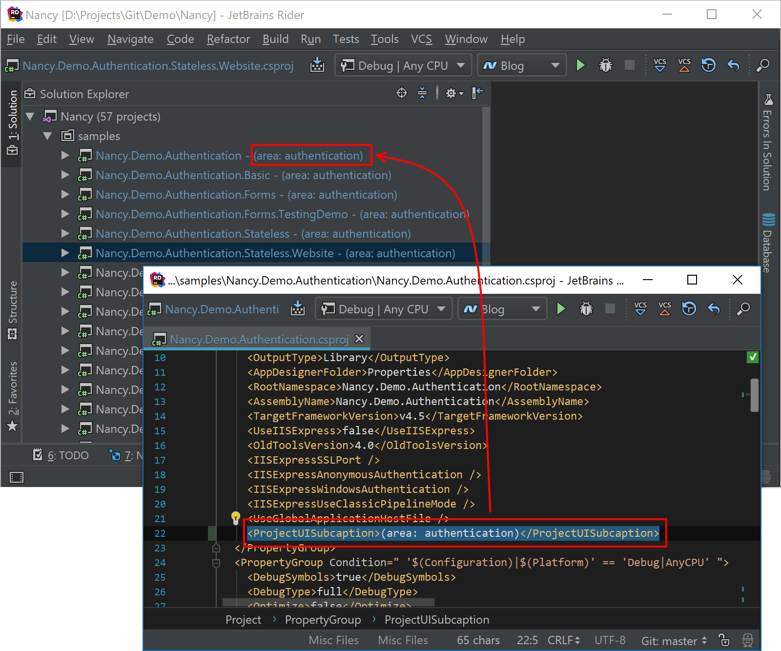 Using ProjectUISubcaption with Rider to annotate projects