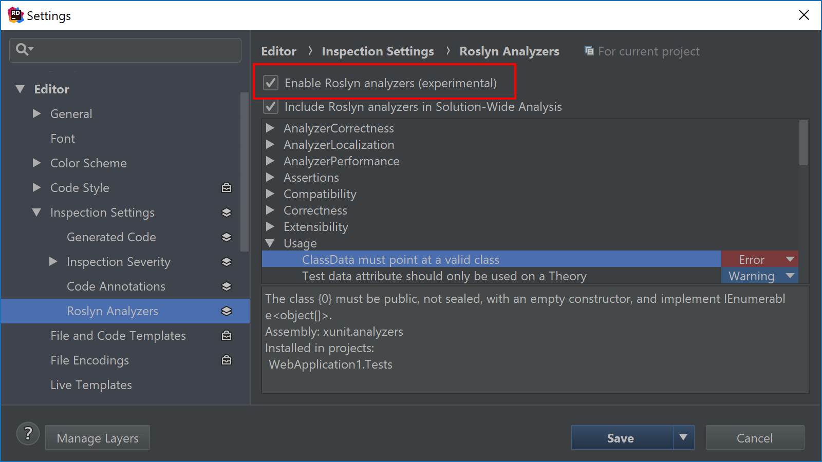 Enable Roslyn analyzers in Rider