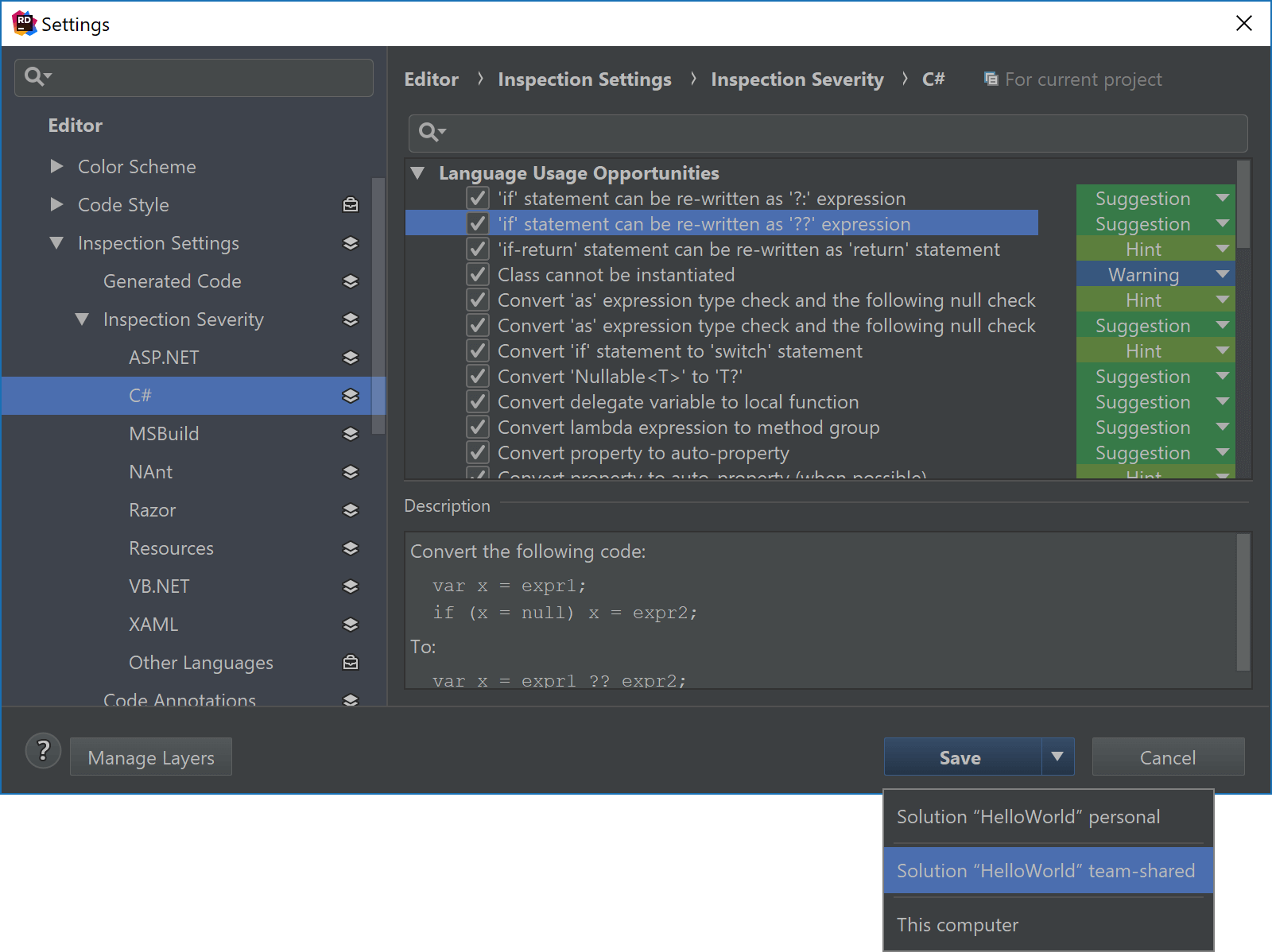 Share code analysis settings with team members through settings layers