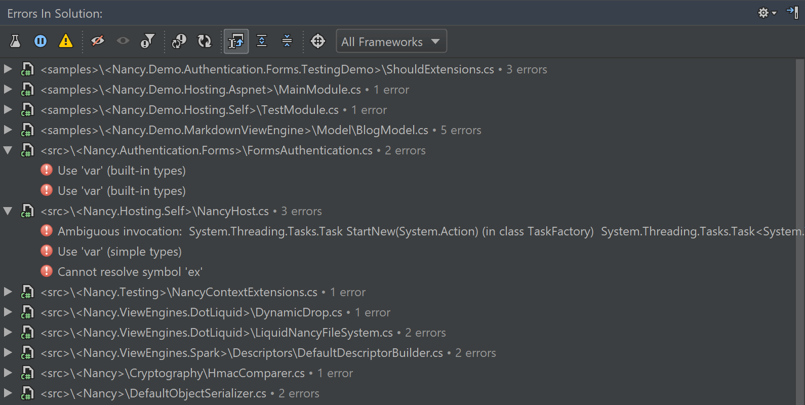 Solution-wide analysis tool window showing errors in solution