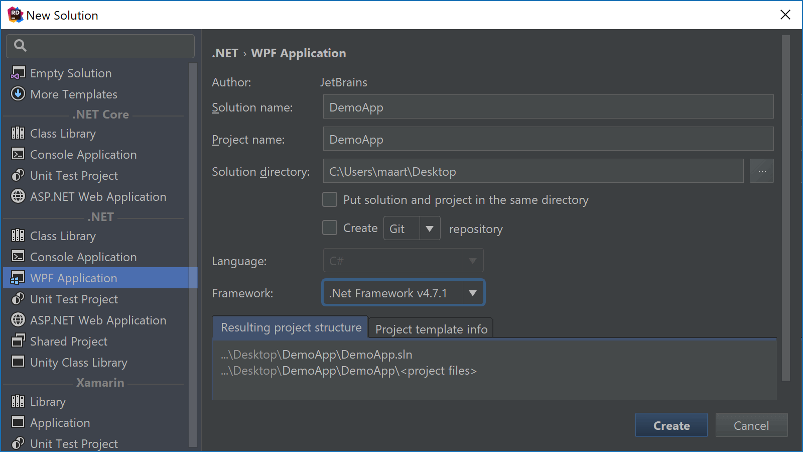 WPF Application project template in Rider