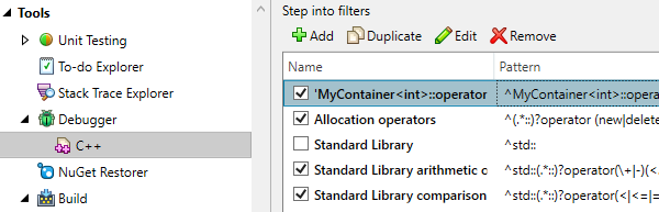 ReSharper C++: step filter options