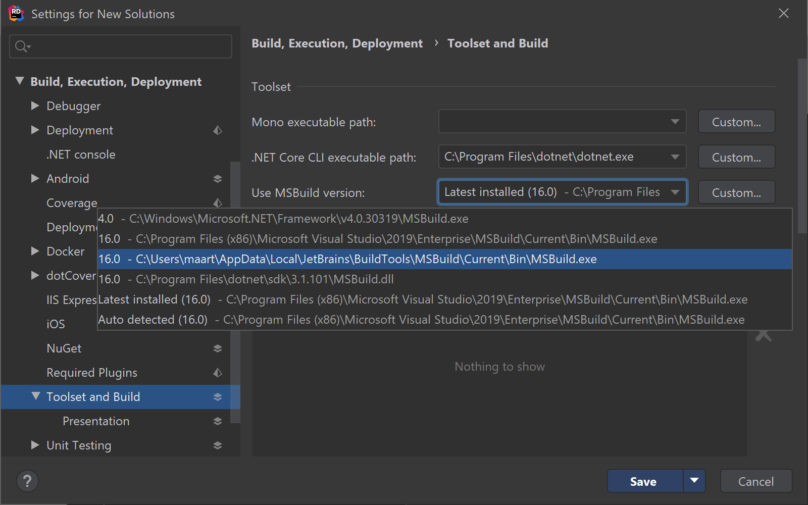 Use bundled version of MSBuild in Rider