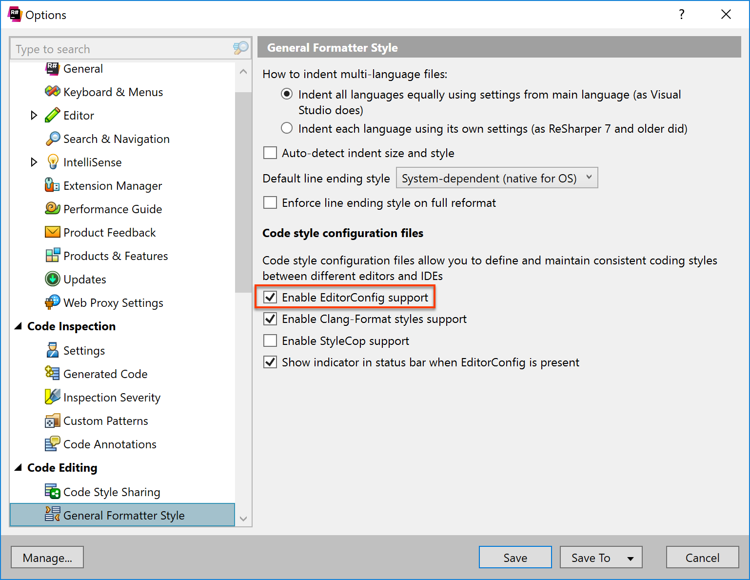 Enable reading formatting settings from editorconfig