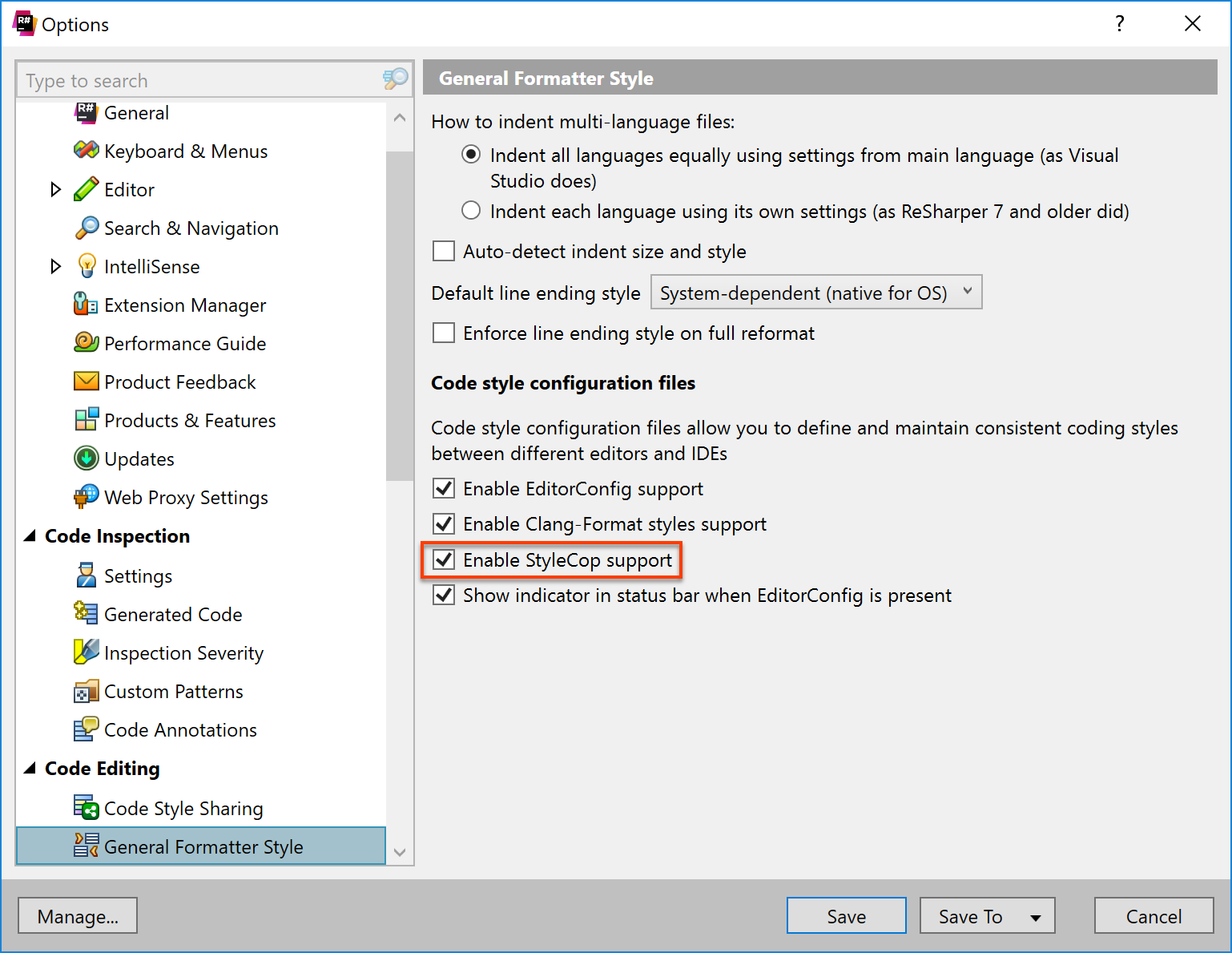 Enable reading code formatting and inspection settings from StyleCop configurations