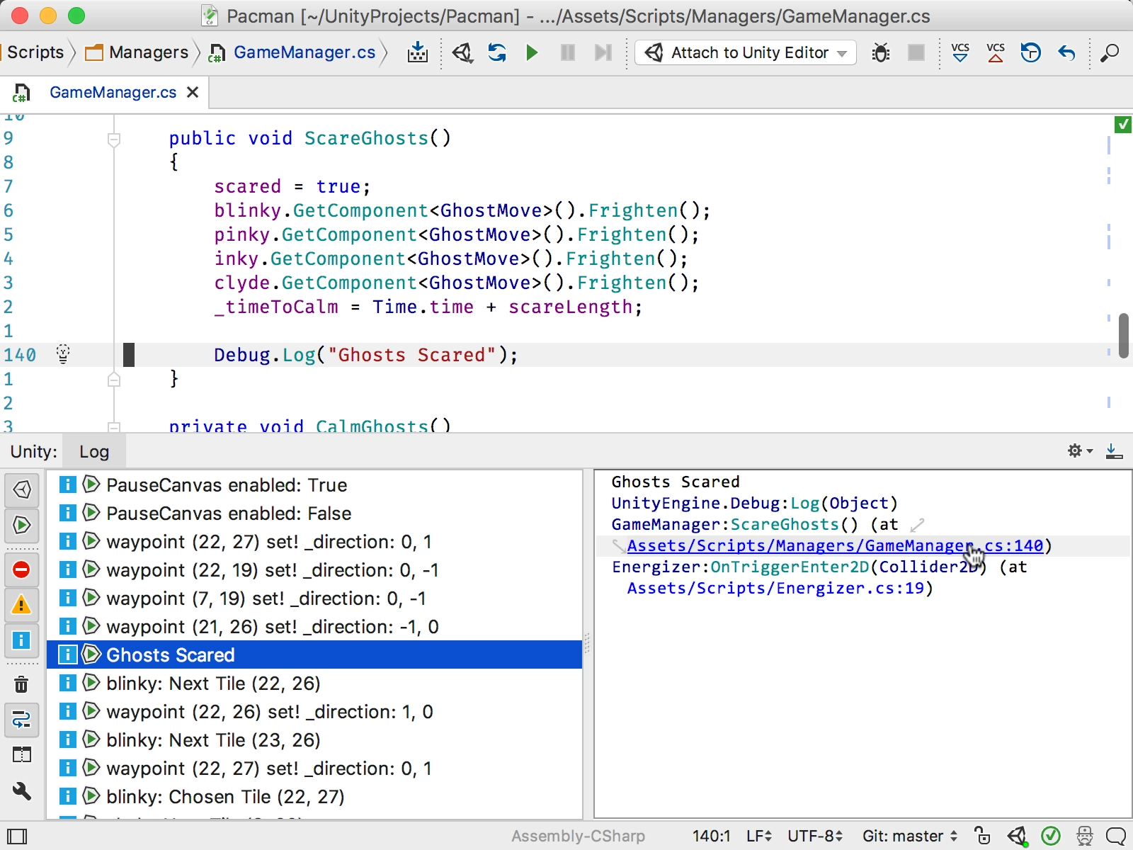 Unity log viewer navigating to stack trace