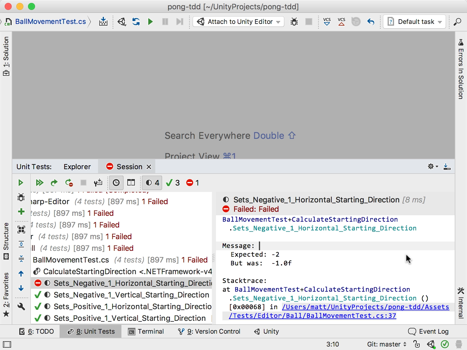 Test runner stack trace navigation