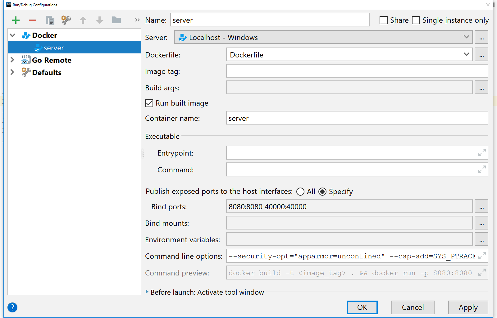 Run Application with Debugging Settings