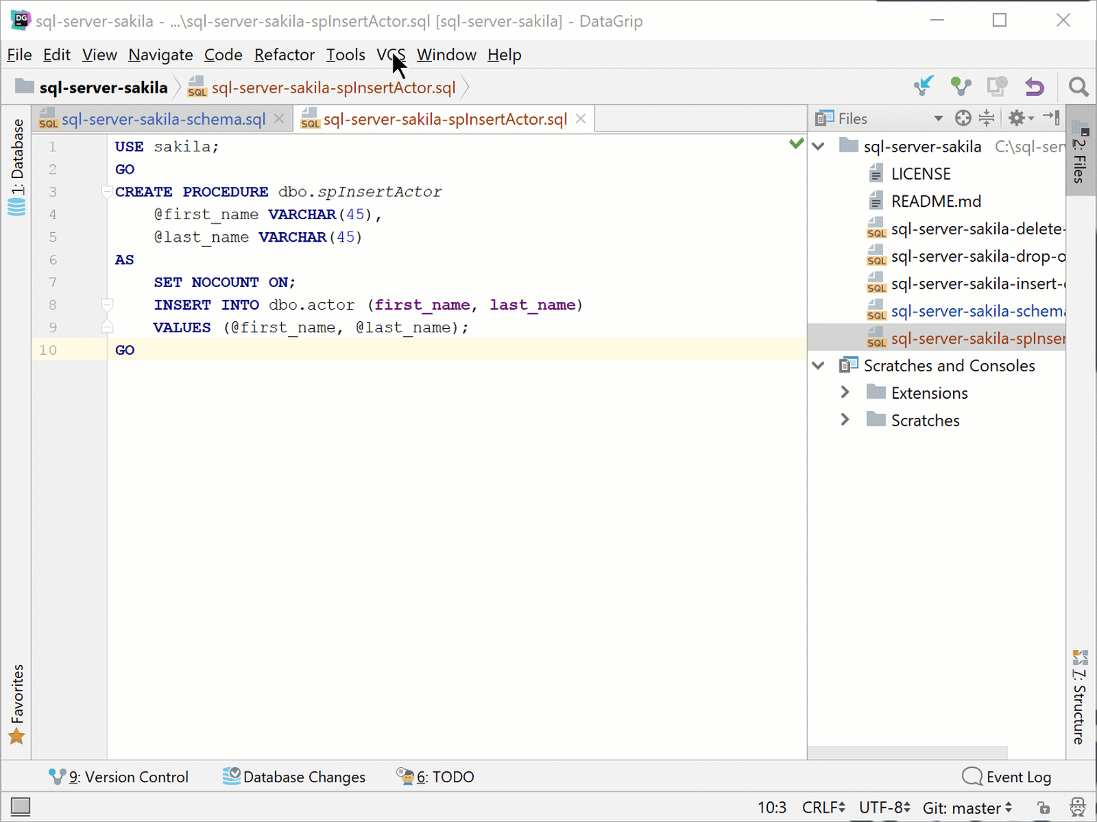 DataGrip Commit Changes dialog