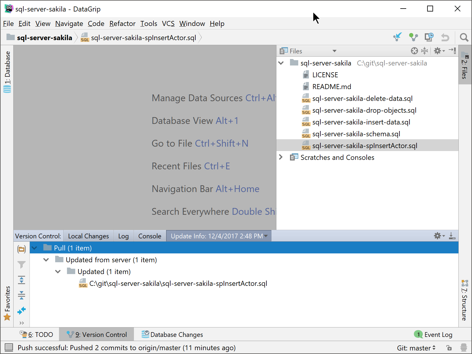 DataGrip pull in Version Control pane