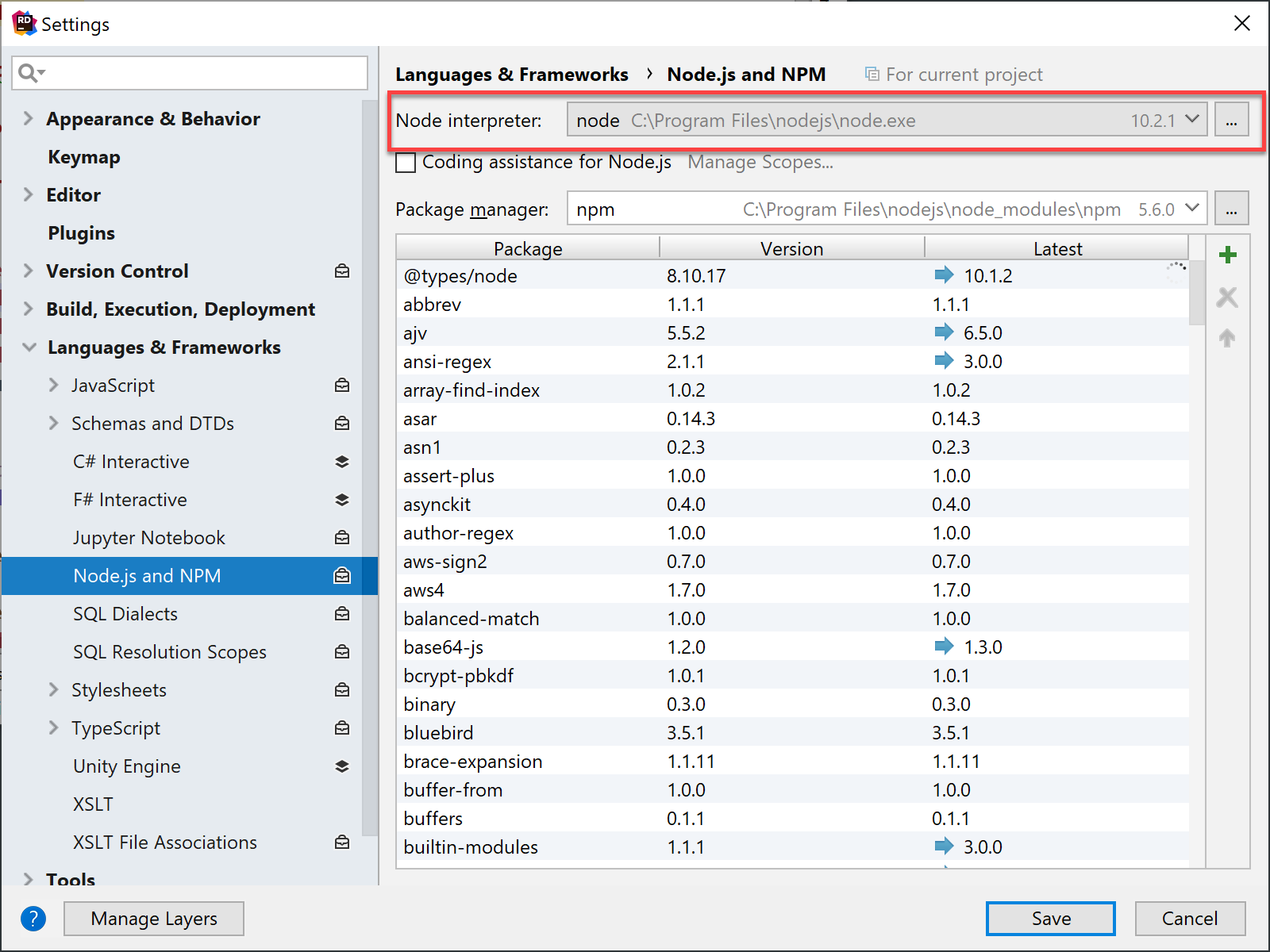 Verify Node.js installed via rider Settings