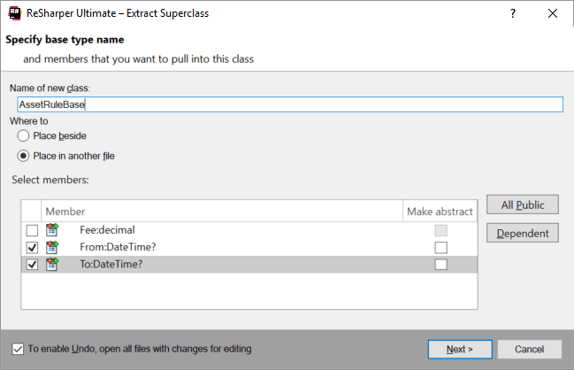 Extract superclass using ReSharper or Rider