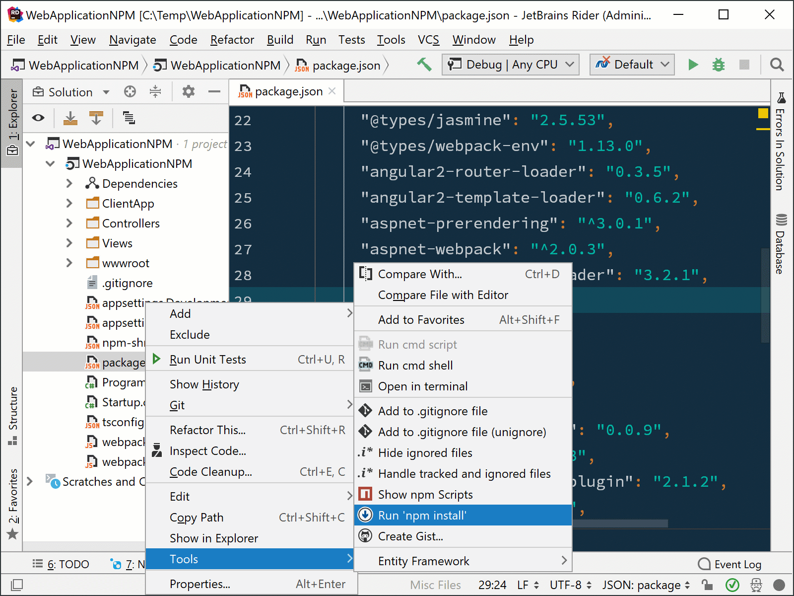 Run NPM install from the context menu
