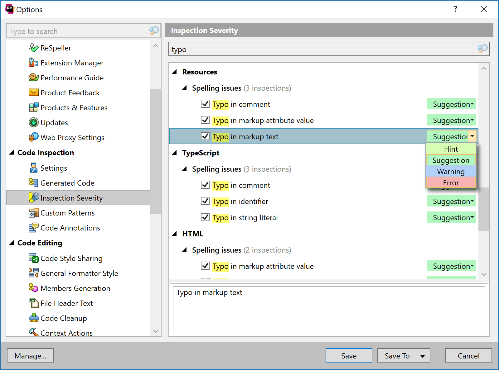 Configure ReSpeller inspection severity