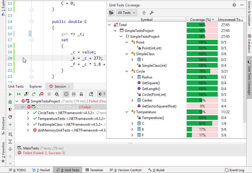 dotCover in Rider. Continuous testing