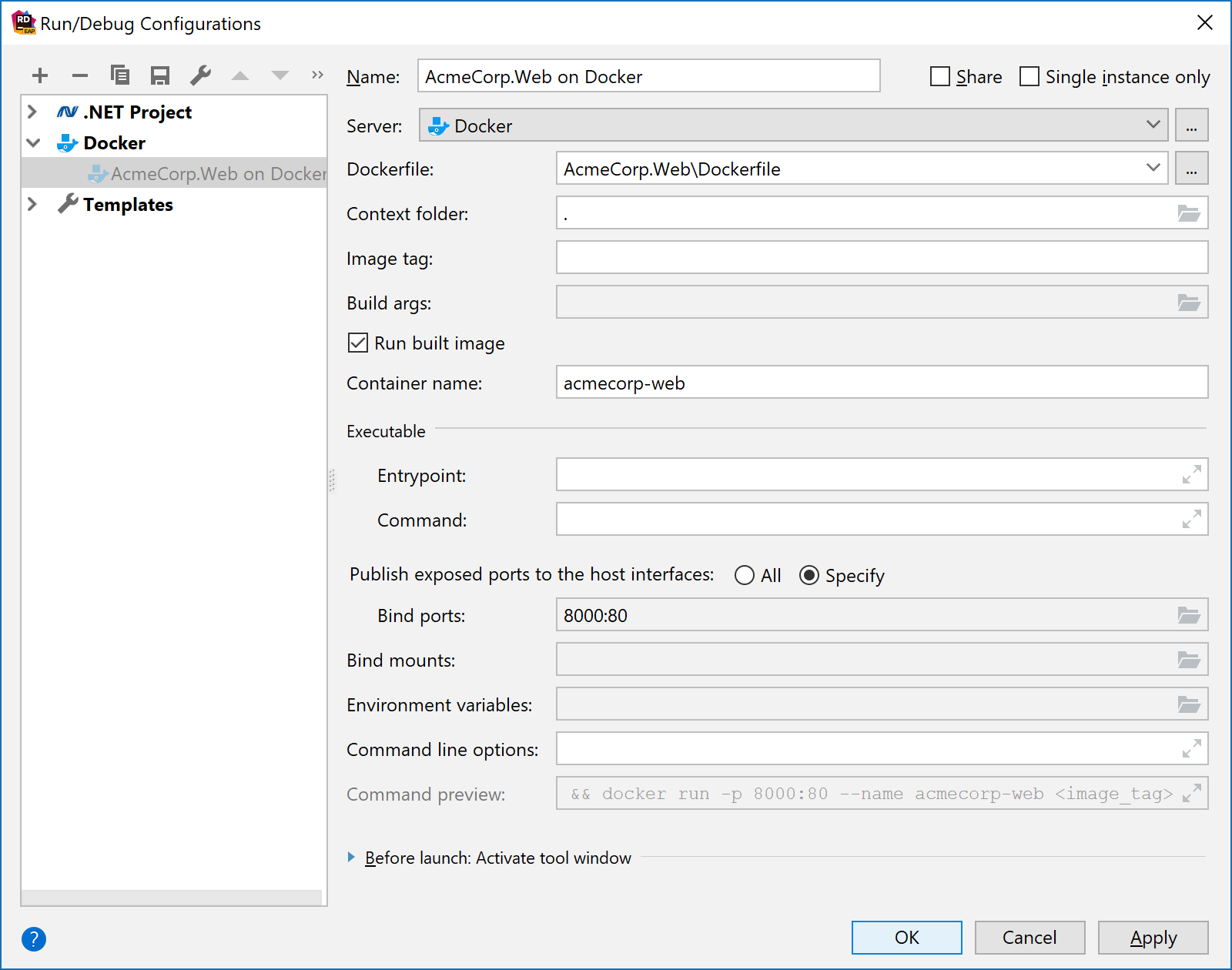 Docker run configuration