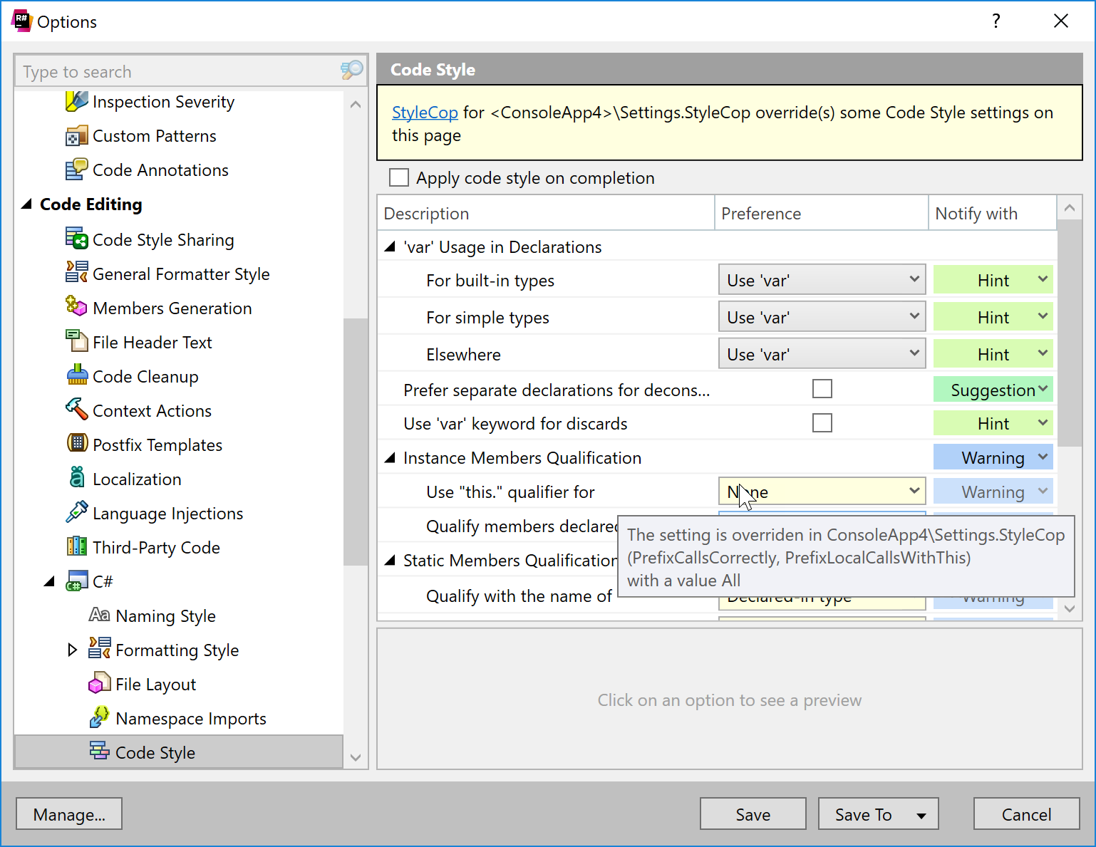 Settings overridden by StyleCop