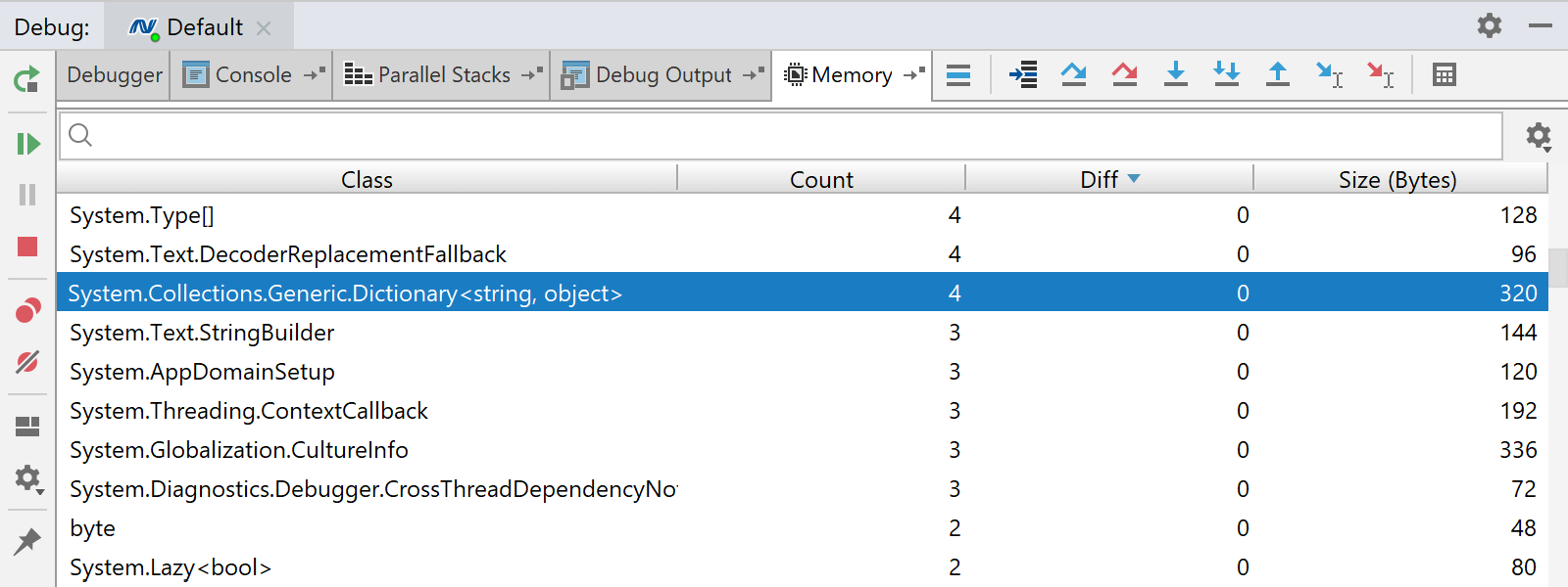 Memory view in the debugger