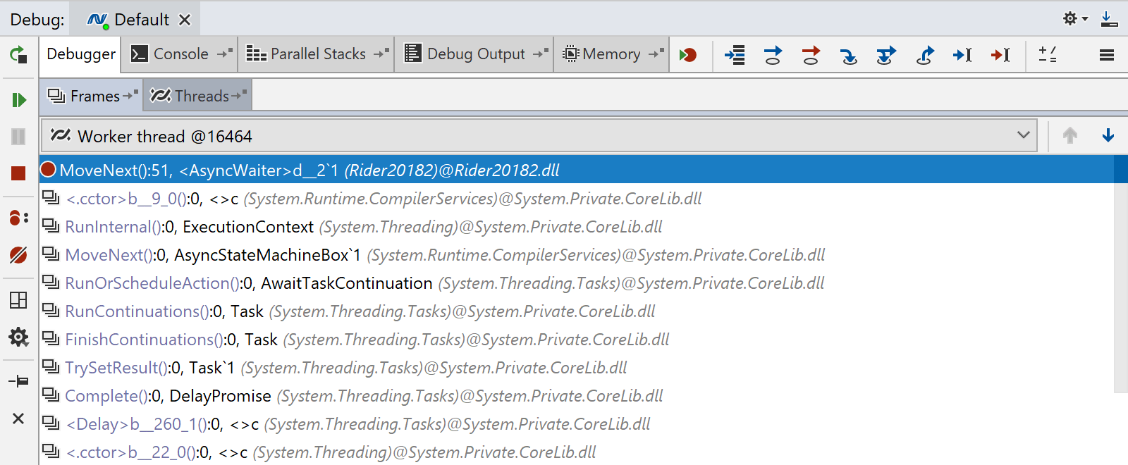 NET stack trace in Rider debugger