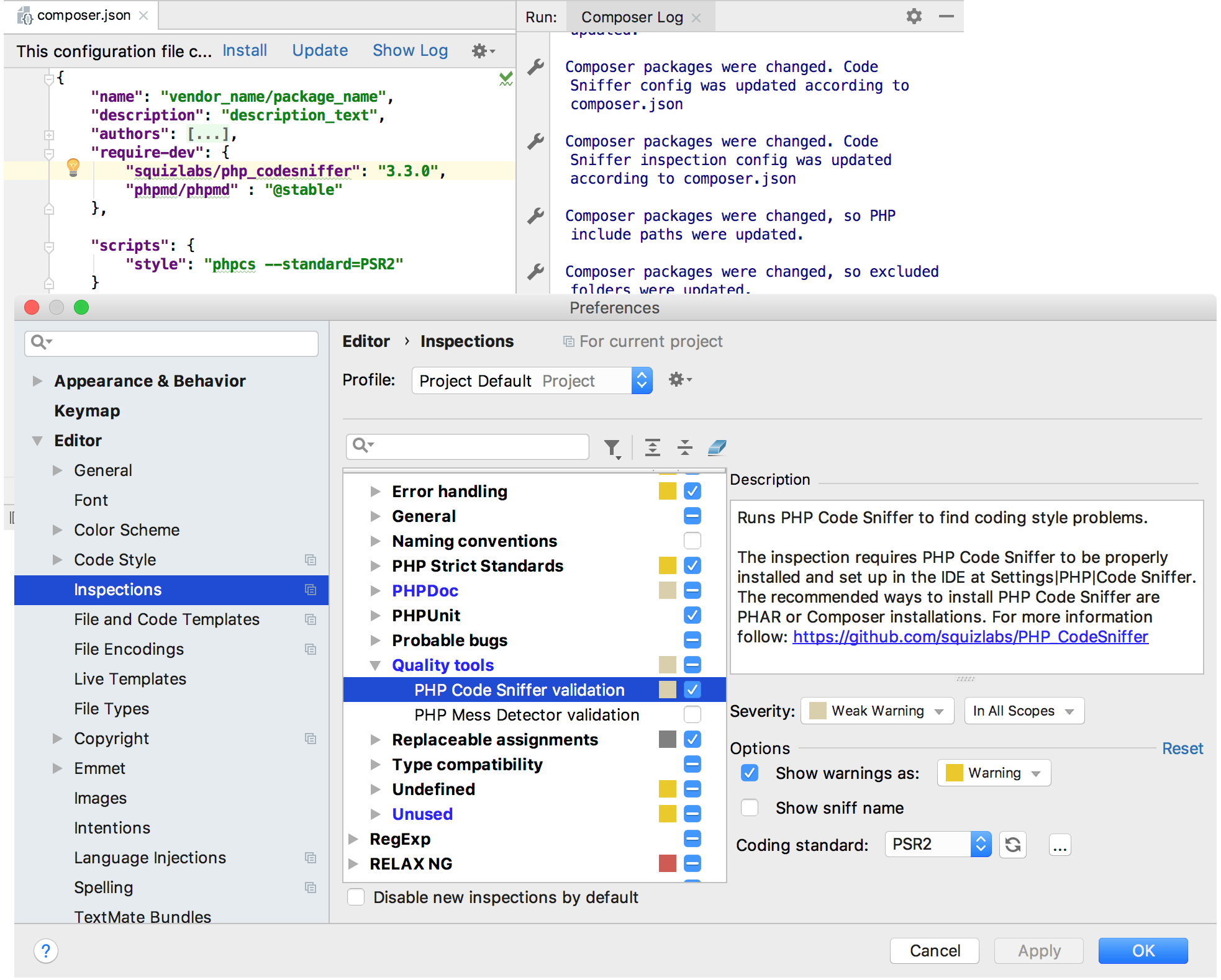 Composer json install. CODESNIFFER. PHPSTORM enable use strict.