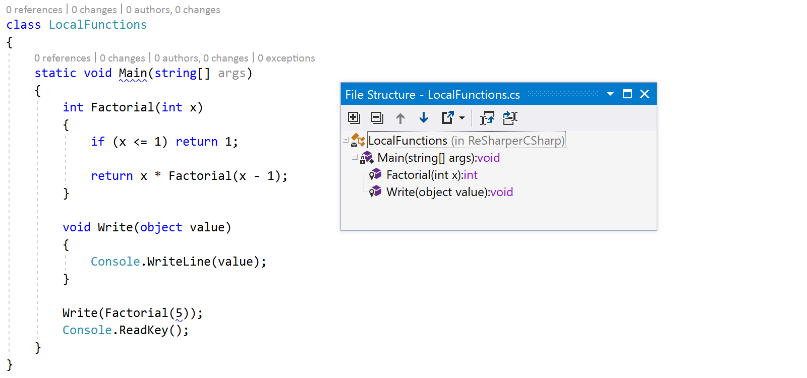 Local functions in ReSharper file structure tool window